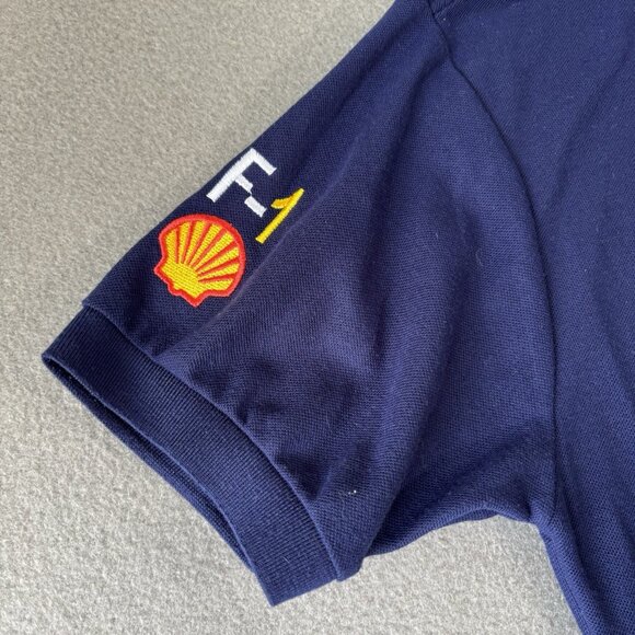 Vintage FERRARI Blue Polo Shirt Mens L Prancing Horse patches F-1 Chevron Shell - Picture 3 of 12